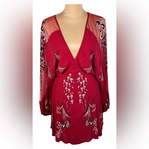 Free People Bonjour Floral Red Embroidered Long Sleeve Mini Dress XS - Picture 7 of 15